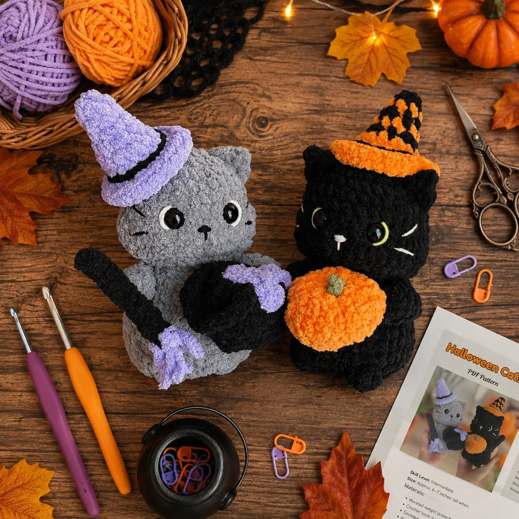 Halloween Cats Amigurumi Crochet Pattern - Beginner PDF, 7"