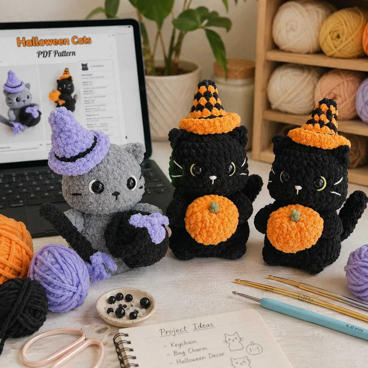 Halloween Cats Amigurumi Crochet Pattern - Beginner PDF, 7"