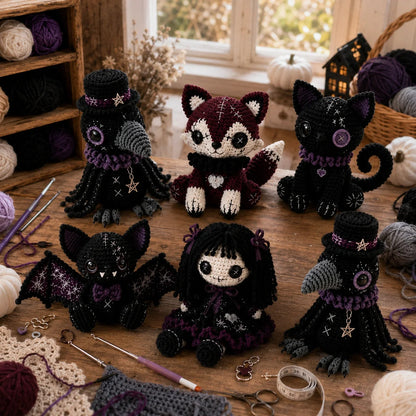 Gothic Amigurumi Crochet Pattern - Halloween Doll Set PDF, Various Sizes