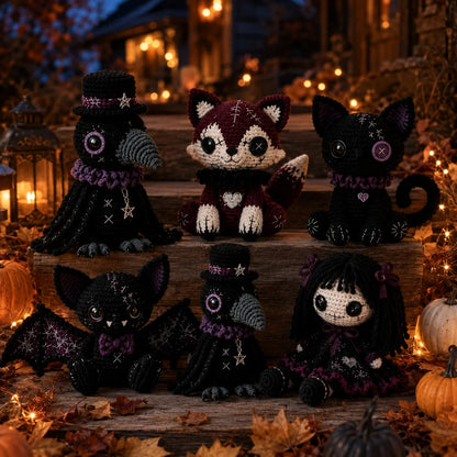 Gothic Amigurumi Crochet Pattern - Halloween Doll Set PDF, Various Sizes