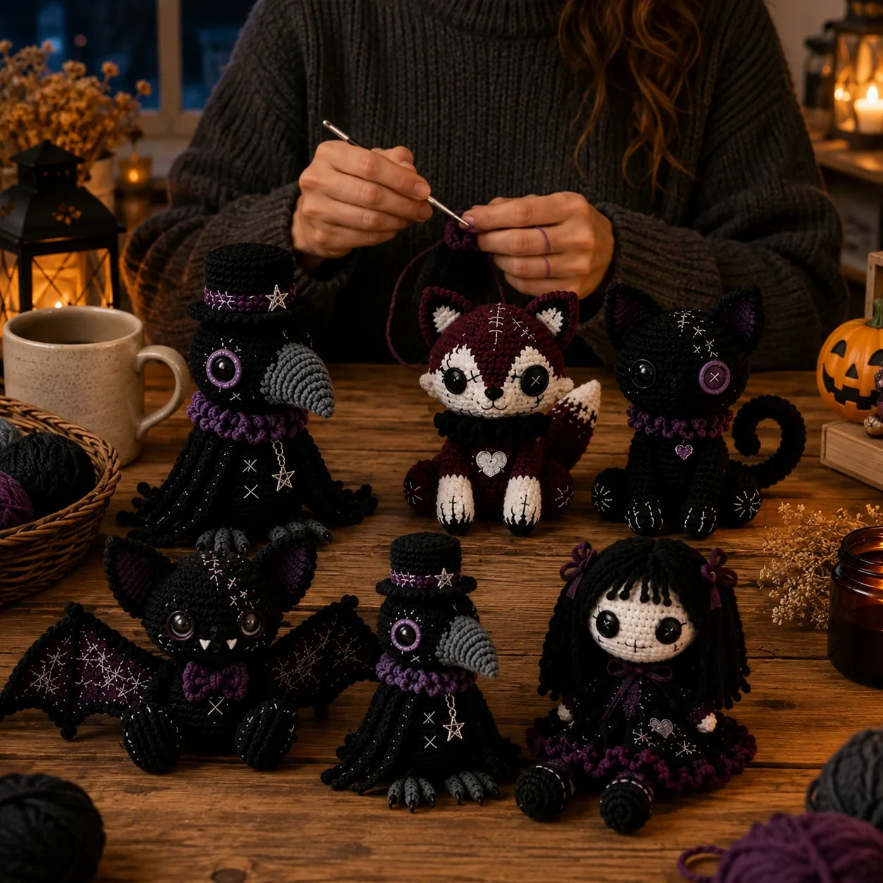 Gothic Amigurumi Crochet Pattern - Halloween Doll Set PDF, Various Sizes