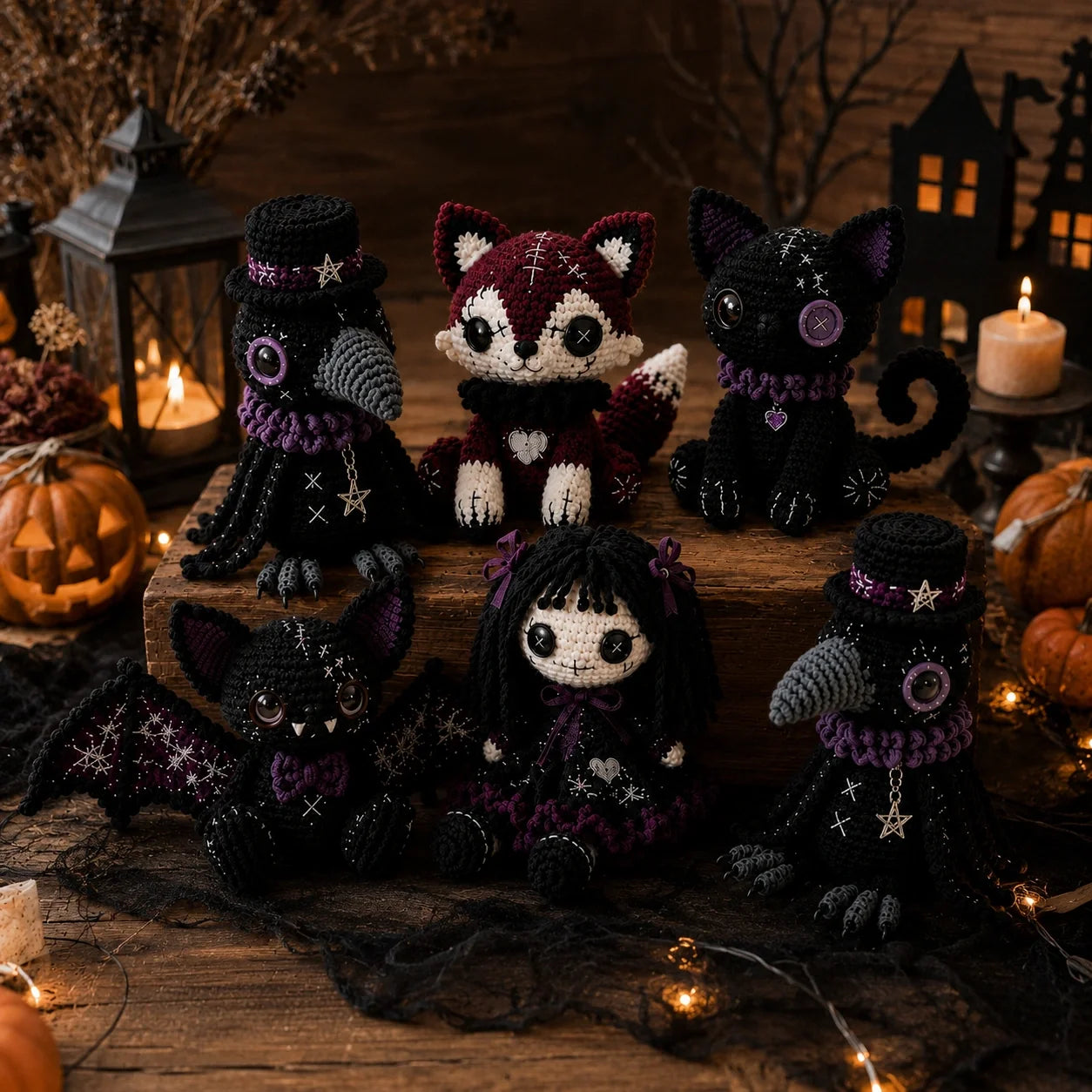 Gothic Amigurumi Crochet Pattern - Halloween Doll Set PDF, Various Sizes